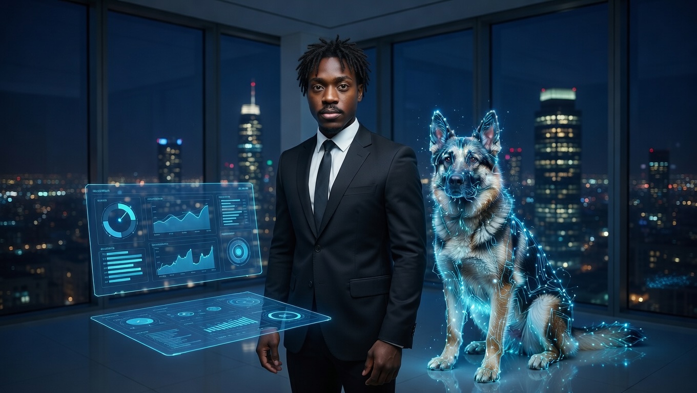 Enterprise — executive with circuit shepherd and holographic dashboard