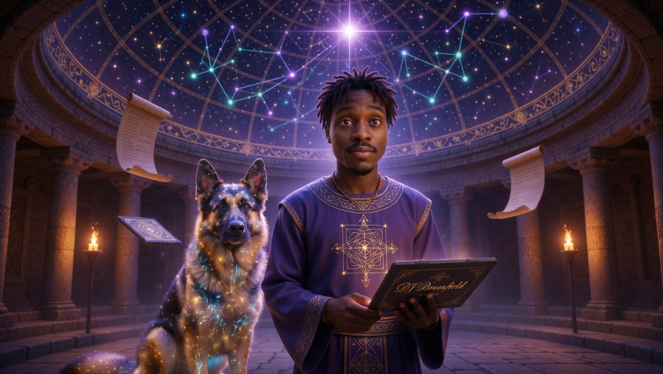 DJ Bromfield holding the Agape codex in the celestial observatory